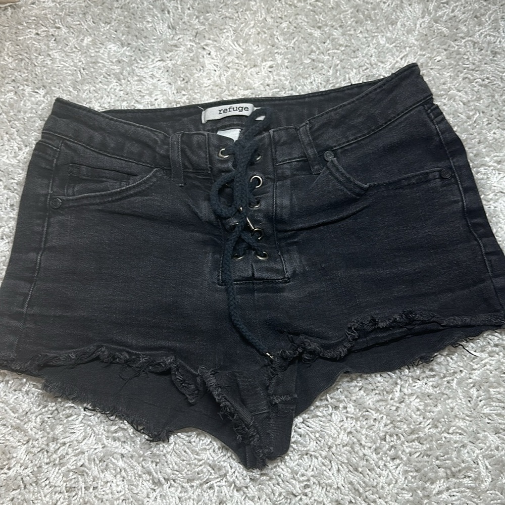 REFUGE Denim black with lace tie shorts